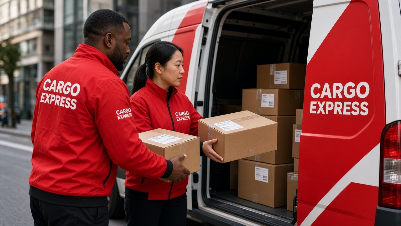 Cargo Express couriers loading parcels into a branded van
